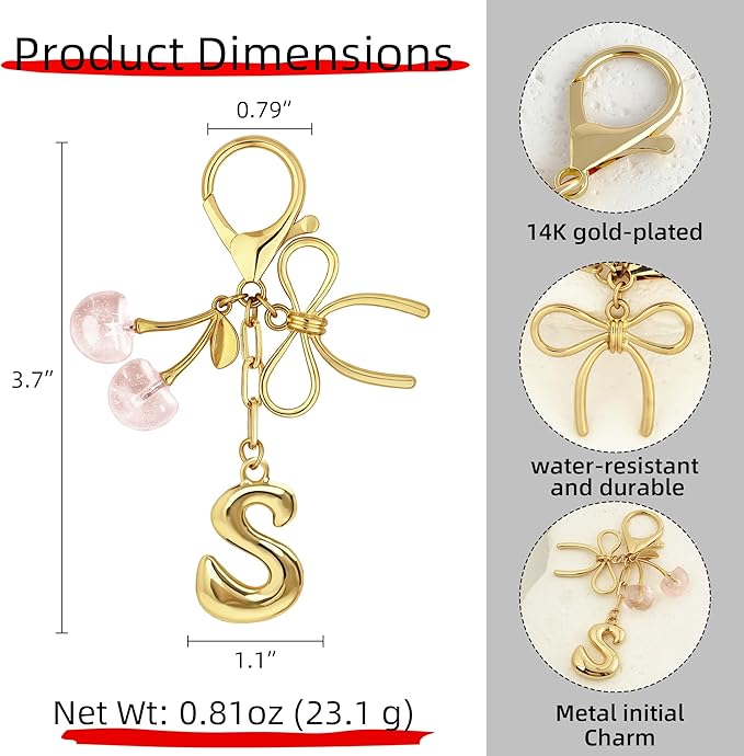 Gold Bubble Heart, Cherry, Bow & More Designs Letter Initial Keychain Bag Charms – Cute Purse Charms for Handbags