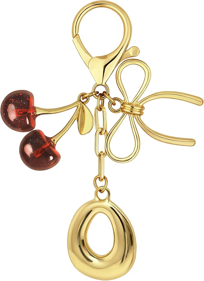 Gold Bubble Heart, Cherry, Bow & More Designs Letter Initial Keychain Bag Charms – Cute Purse Charms for Handbags