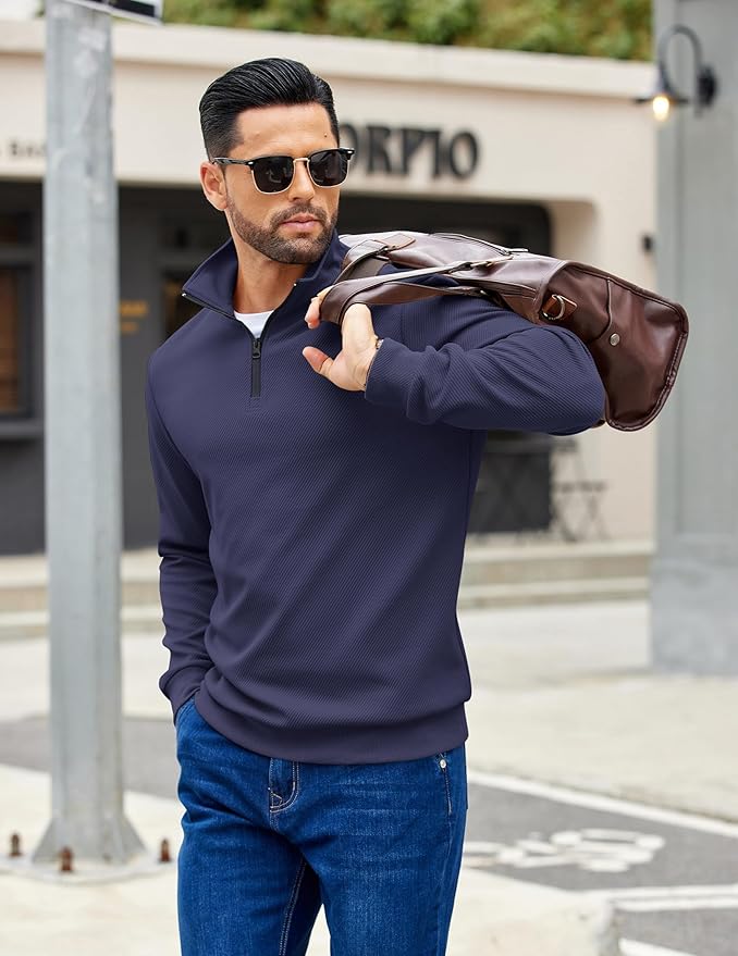 COOFANDY Mens Quarter Zip Pullover Sweatshirts Lightweight Long Sleeve Mock Neck Sweater Polo