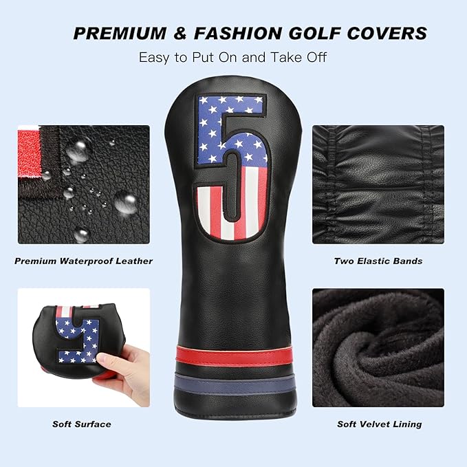 Golf Head Covers, 4pcs or 1pc USA Stars and Stripes Golf Club Covers for Woods and Driver Fairway Hybrid, PU Leather Golf Club Head Covers for Men Women with Interchangeable Tags, Fits Most Golf Clubs