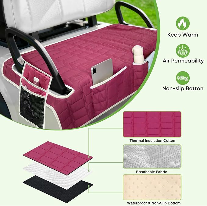 Golf Cart Seat Cover, Universal Bench Seat Cover with Storage Pockets, Non-Slip Seat Protector for Golf Cart, Fits EZGO Club Car Yamaha, Easy Install