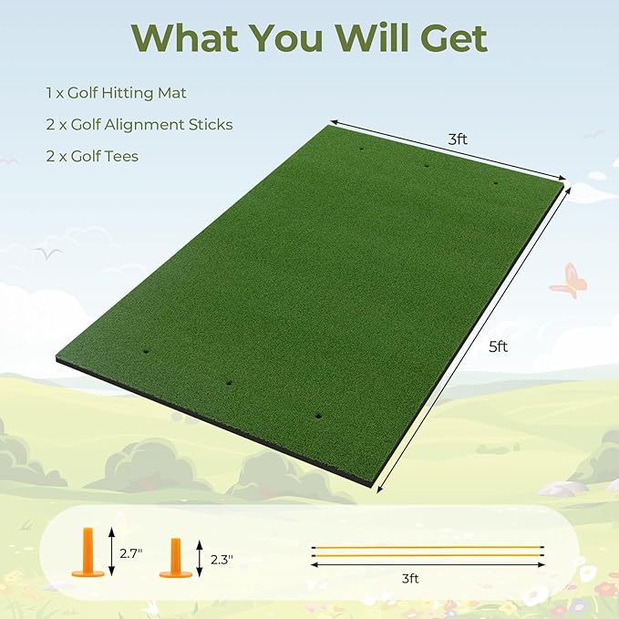 Goplus Golf Mat, 5x3ft/5x4ft Golf Hitting Mat 20/25/27/32mm Thick w/2 Alignment Sticks & 2 Golf Tees, Portable Artificial Turf Grass Training Mat Practice for Indoor Outdoor