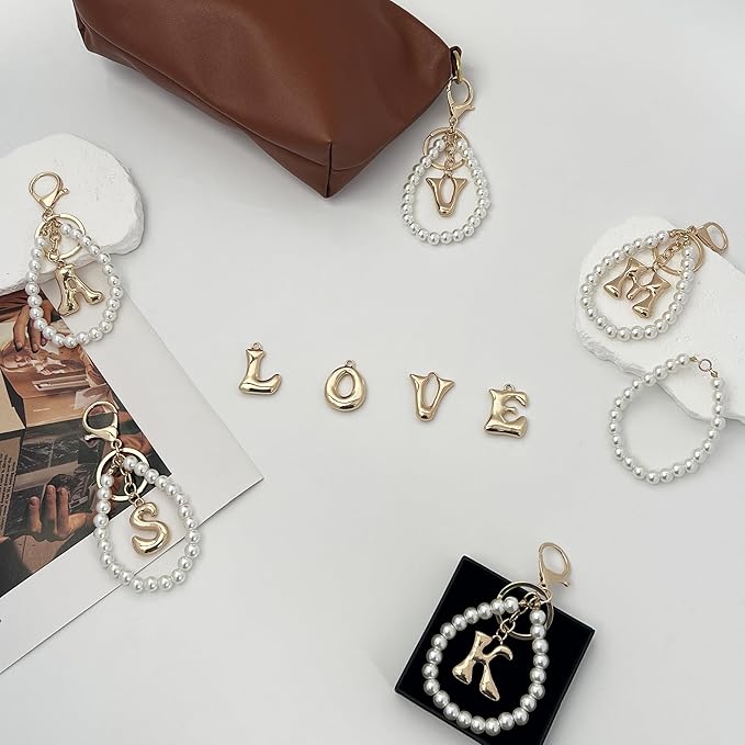 Gold Bubble Heart, Cherry, Bow & More Designs Letter Initial Keychain Bag Charms – Cute Purse Charms for Handbags