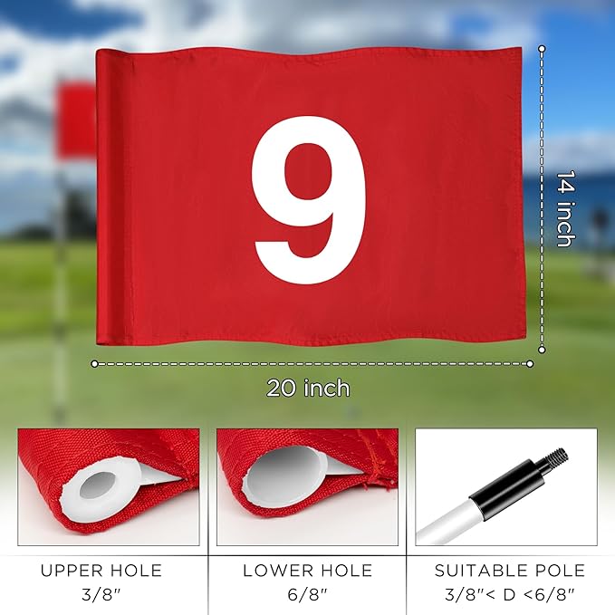 KINGTOP Numbered Golf Flag 20x14 Inch - 420D Dual-layer Nylon, Double Sided Printed, Tube Inserted - Standard Putting Green Flags for Backyard Practice, Golf Courses, Country Club, #1-9