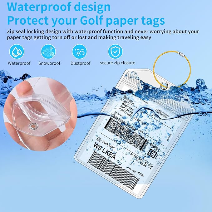 Extra Large Golf Luggage Tag Holders, 6 Pack Waterproof Plastic Zip Seal Pouch Shipping Label Holder with Sturdy Steel Loop for Golf Club Travel Luggage Bag (6 Pcs with 6 Colors Rings)