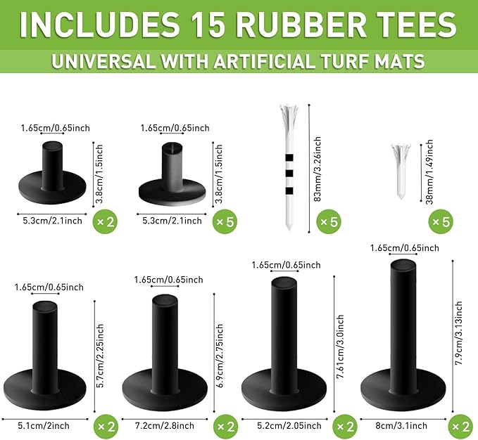 FINGER TEN Golf Rubber Tees Driving Range 3 Inch 1.5'' 2.25'' 2.75'' 3.13'' Tee Holder for Mat 1.5'' 2'' with Plastic Tees Indoor Outdoor Use