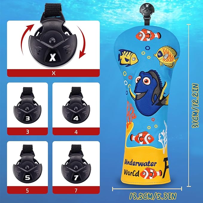 Golf Club Head Covers, Underwater World Driver Headcover Hybrid Headcover Fairway Wood Head Covers Magnetic Blade Putter Cover with Interchangeable Tags for All Brand