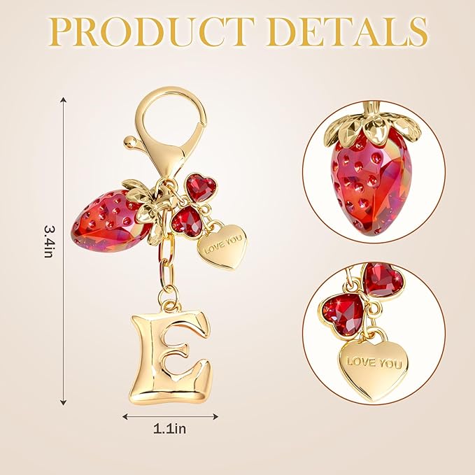 Snycler Bubble Initial Keychain with Strawberry & Bow- Gold Letter Bag Charms for Women, Cute Purse Handbag Accessories