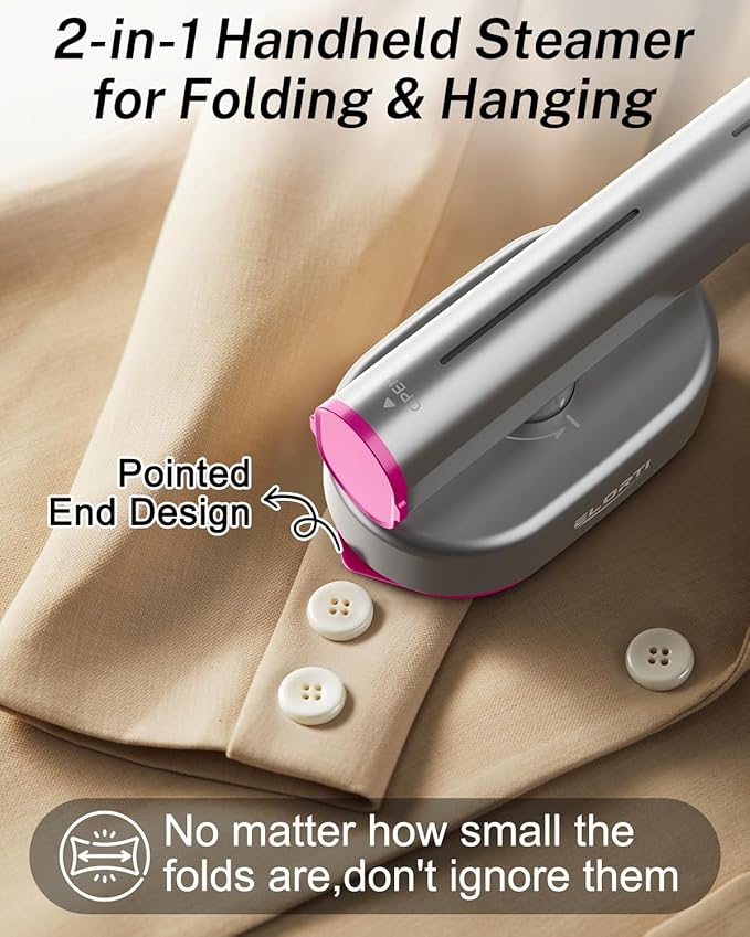 Steamer for Clothes ELORTI, Travel Clothes Steamer Handheld Portable Mini Small, 2-in-1 iron with 10s Fast Heat-Up, Rotatable Head 1200W, 110-120V, Office & Home, purple