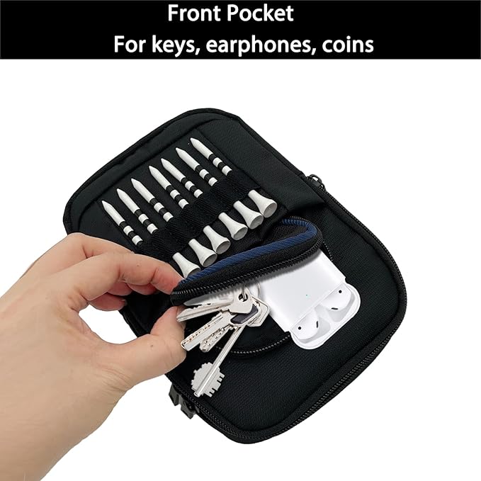 Golf Bag Pouch for Balls and Accessories | 3 Zipper Pockets | Detachable Clip | Store Up to 15 Balls | Front Tee Holder and 10 Bamboo Tees 3 1/4 in