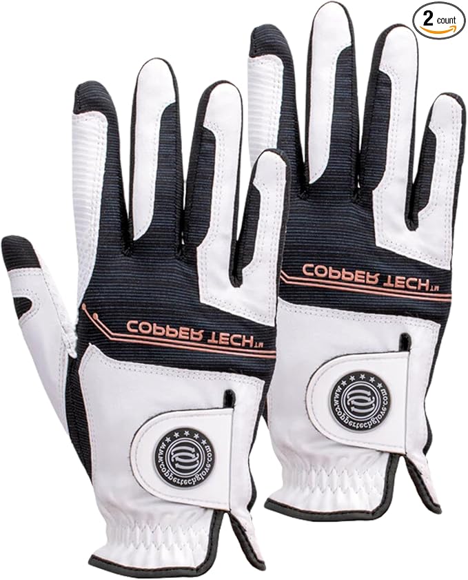 Copper Infused Golf Glove for Men – White/Black – 2 Pack – Compression Fit, Arthritis Relief, Non-Slip Grip – USGA Approved