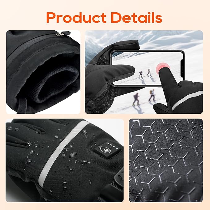 Heated Gloves for Men Women, Rechargeable Hand Warmer Gloves with Touchscreen, Waterproof Electric Heated Ski Glove for Winter Outdoor Work Hunting Camping Snowboarding Hiking Raynaud