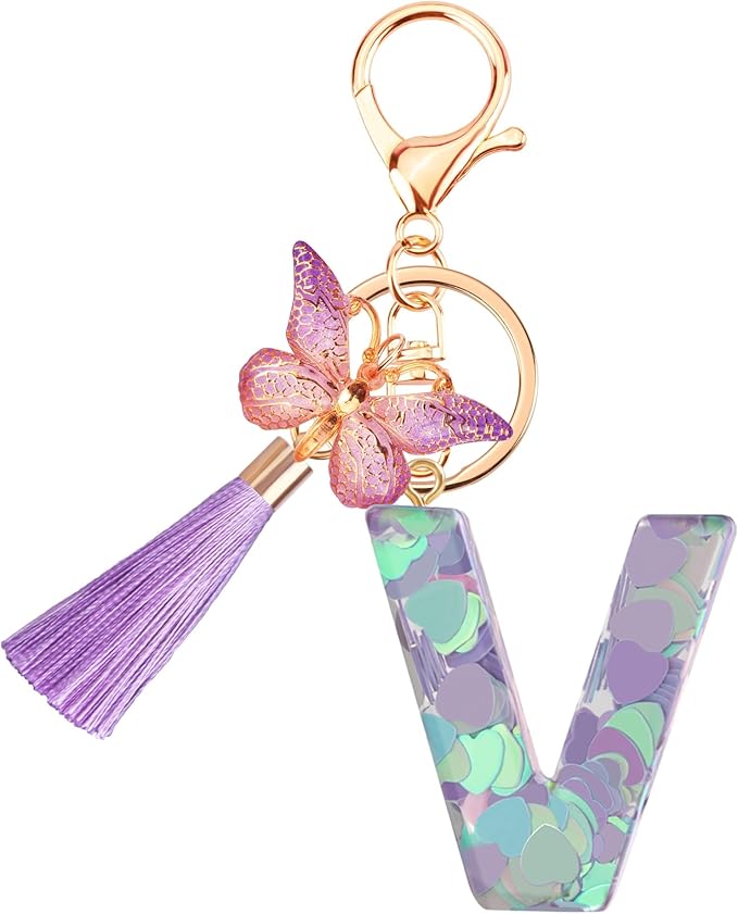 Suweibuke Colourful Cute Initial Letter Keychains for Women Girls with Tassel Butterfly, Charm for Purse Handbags Backpacks