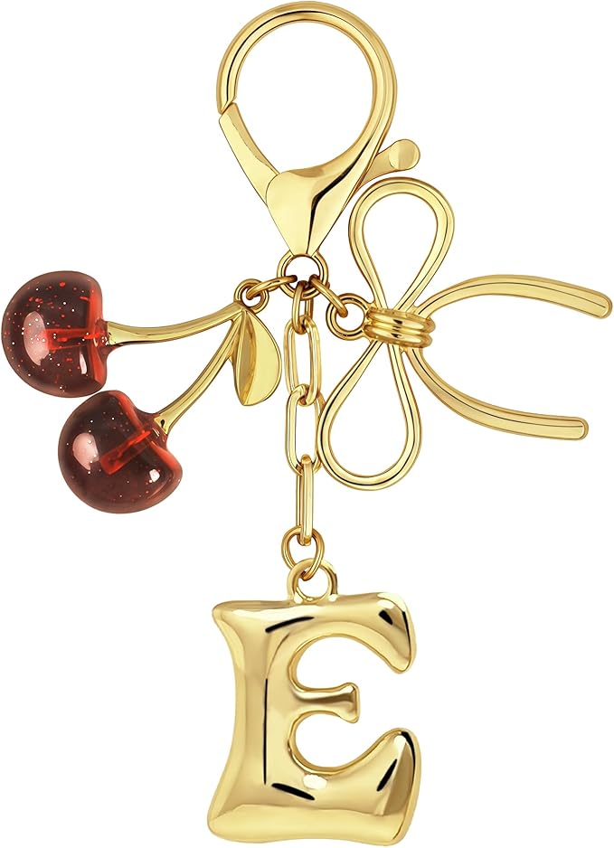 Gold Bubble Heart, Cherry, Bow & More Designs Letter Initial Keychain Bag Charms – Cute Purse Charms for Handbags