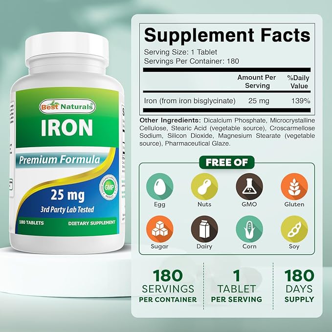 Best Naturals Iron Supplement (Iron Bisglycinate) - 25mg - 180 Tablets - Gentle of Stomach - Non-Constipating