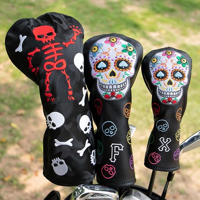 Montela Golf Club Covers,Colorful Skeleton Putter Cover Driver Covers Fairway Wood Headcover Hybrid Cover Leather Blade Putter Headcover Mallet for Brand