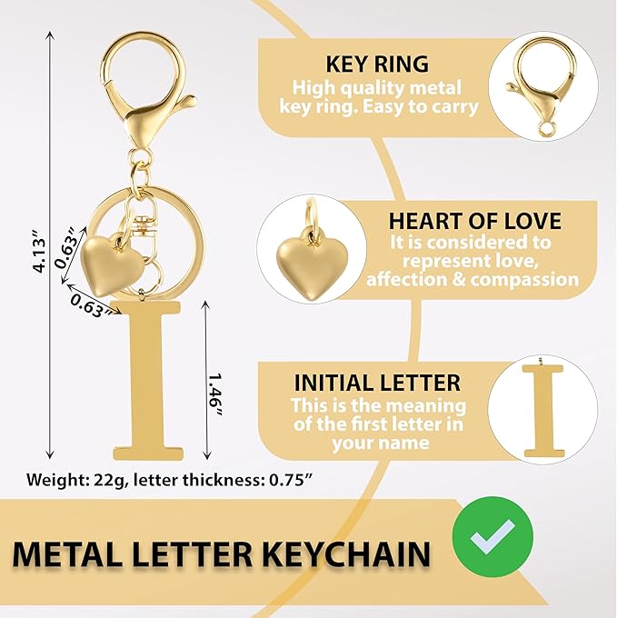 Metal Heart Alphabet Keychain for Women, Girls - Cute Initial Letter Accessories for Purse, Bag Charms and Backpack