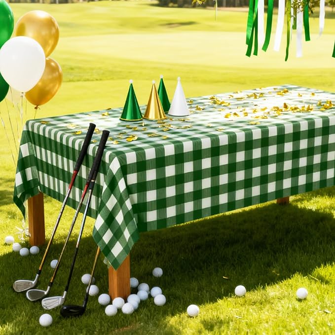4 Pack Golf Party Tablecloths – Green Gingham Tablecloth and Golf-Themed Plastic Table Covers Disposable Tablecloths for Birthday Outdoor Party Decorations, 54 × 108 Inch