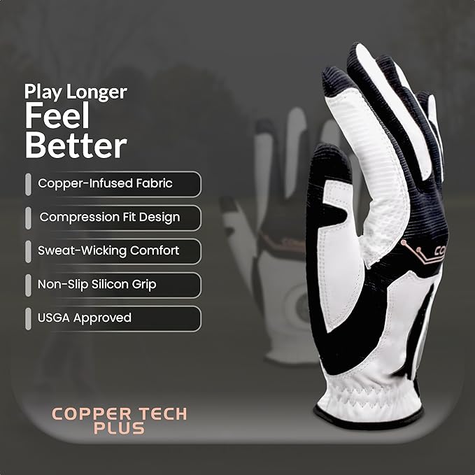 Copper Infused Golf Glove for Men – White/Black – Single Pack – Compression Fit, Arthritis Relief, Non-Slip Grip – USGA Approved