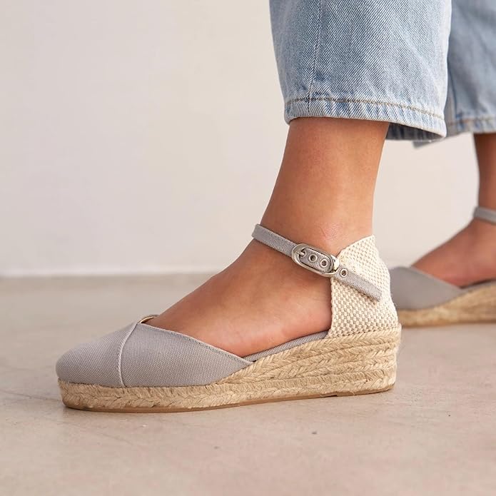 Girona Authentic Spanish Espadrille Wedge Sandals for Women - Sustainable, Eco Friendly, Vegan Shoes. Classic Style, Organic Cotton Canvas Upper, Comfy Insole, Jute Midsole, Rubber Sole. Made in Spain