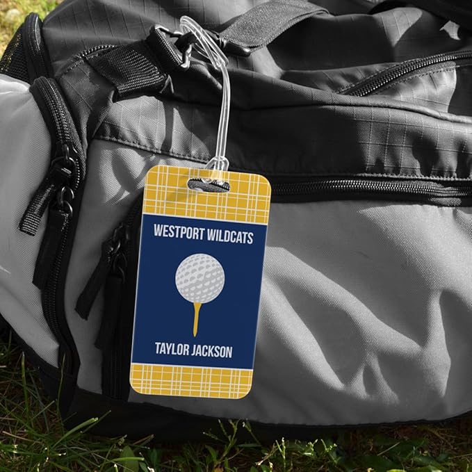 ChalkTalkSPORTS Golf Luggage & Bag Tag | Personalized Team with Golf Ball | Standard Lines on Back | Large | Gold/Navy