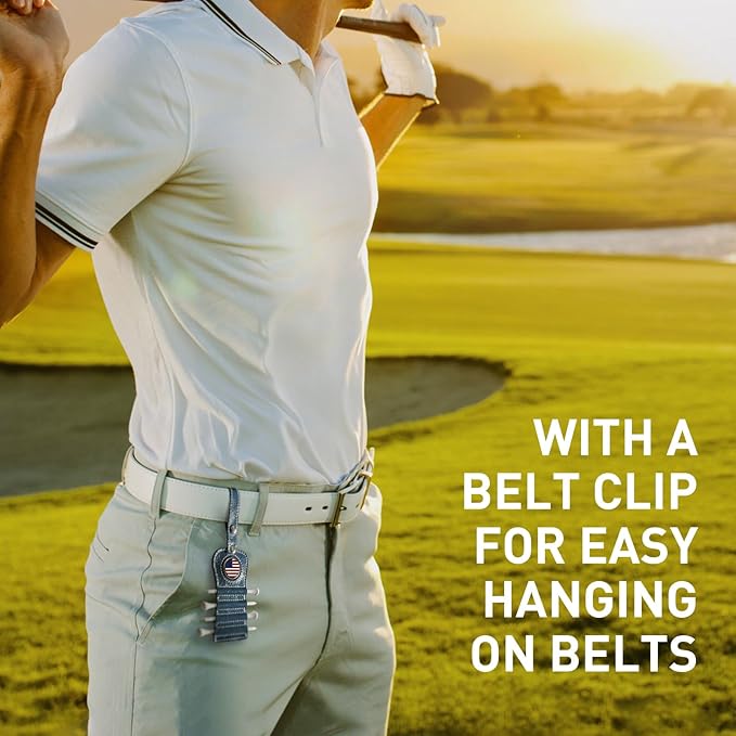 Golf Tee Holder with USA Ball Marker 4 Pcs White Wood Tees, Portable Hold Different Tee Leather Gift Hook Hanging Clip to Golf Bag Belt