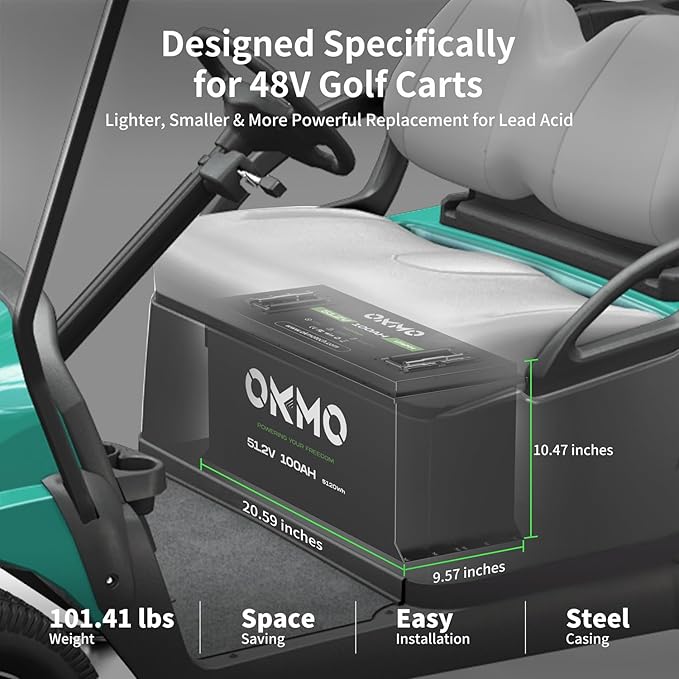 OKMO 48V 100Ah Lithium Golf Cart Battery Built-in Smart 250A BMS with 58.4V 22A Battery Charger APP Supported 4000+ Cycles