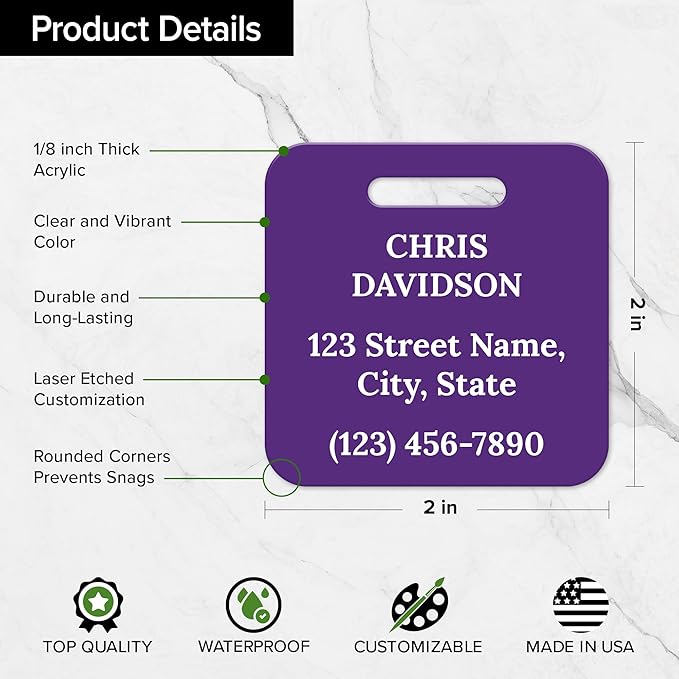 Custom Luggage Tags, Personalized Name Address for Suitcases,Backpack, Handbag, Travel Equipment Tag, 2x2 Inches, Acrylic Heavy Duty Made in The USA by My Sign Center- Purple