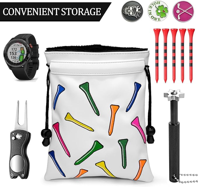 montela golf Valuables Pouch,Golf Bag Pouch with Drawstrings Golf Tee Bag Leather Golf Tee Pouchs for Men Women (Colorful Tee)