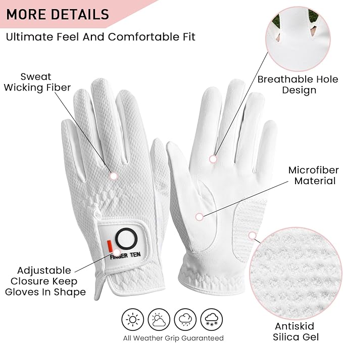 FINGER TEN Womens Golf Glove Right Handed Golfer Left Hand 1 Pack Golf Gloves Rain Grip Hot Wet All Weather Mesh for Women Girls Ladies Small Medium Large