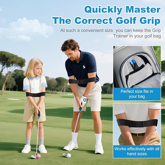 Golf Grip Trainer with Swing Band, Lightweight Ergonomic Training Aid for Grip Strength & Swing Technique, Build Muscle Memory for Beginners to Advanced Golfers (Indoor/Outdoor)