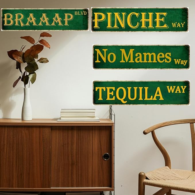 Man Cave Decor Pinche Way Street Tin Sign - Mexican Dad Gifts, Funny Signs, Metal Bar Wall Art, Accessories, Garage Decor for Men - 4x16 Inch