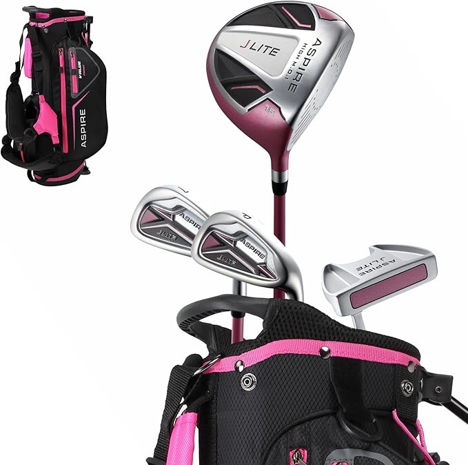 Aspire X-Lite Super Performance Junior Golf Club Set - Right-Handed Kids Golf Set with Driver, Hybrid, 7 Iron, Putter, Stand Bag & Headcovers