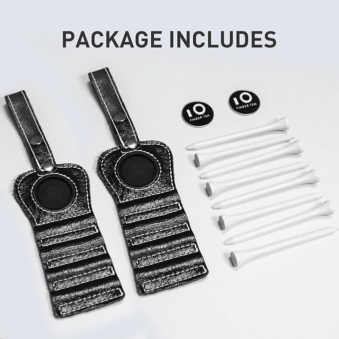 FINGER TEN Golf Tee Holder with Ball Marker and 4 Pcs Wood Tees Value 1/2 Pack, Luxury Leather Gift Hook to Golf Bag Belt Clip