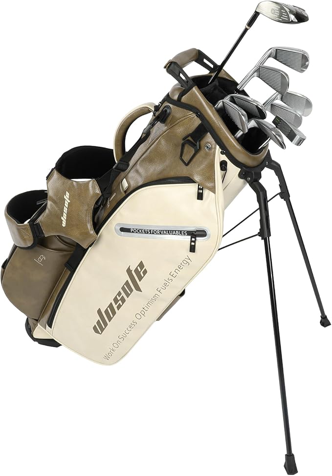 Lightweight 14-Way Golf Stand Bag, PU Leather Golf Bag Waterproof Men Women Full Length Top Dividers, Multiple 8 Pockets Cooler Pouch Adjustable Detachable Shoulder Dual Straps Rain Cover Hood