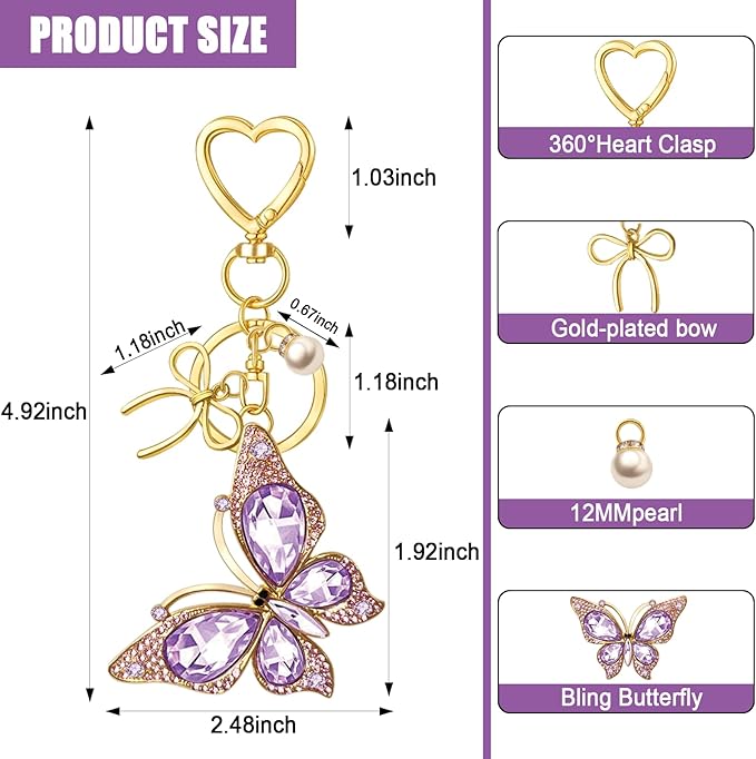 Bag Charm Keychain for Women: Cute Bow Keychains with Diamond Butterfly Pendant, Bags Purse Key ring Accessory