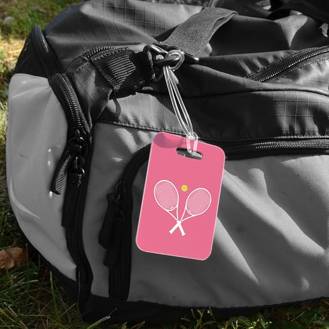ChalkTalkSPORTS Tennis Luggage & Bag Tag | Crossed Tennis Rackets | Custom Info on Back | Medium | Pink