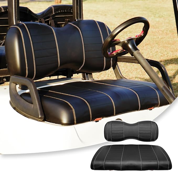 Golf Cart Seat Covers fits Club Car Precedent/DS/EZGO RXV/TXT/Yamaha Front Rear Seat Cushion，Black Leather Custom Stripe Soft Comfortable/Anti-Scratch/Easy to Clean