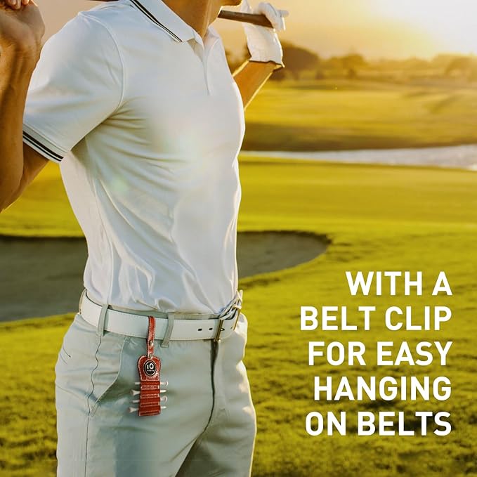 FINGER TEN Golf Tee Holder with Ball Marker and 4 Pcs Wood Tees Value 1/2 Pack, Luxury Leather Gift Hook to Golf Bag Belt Clip