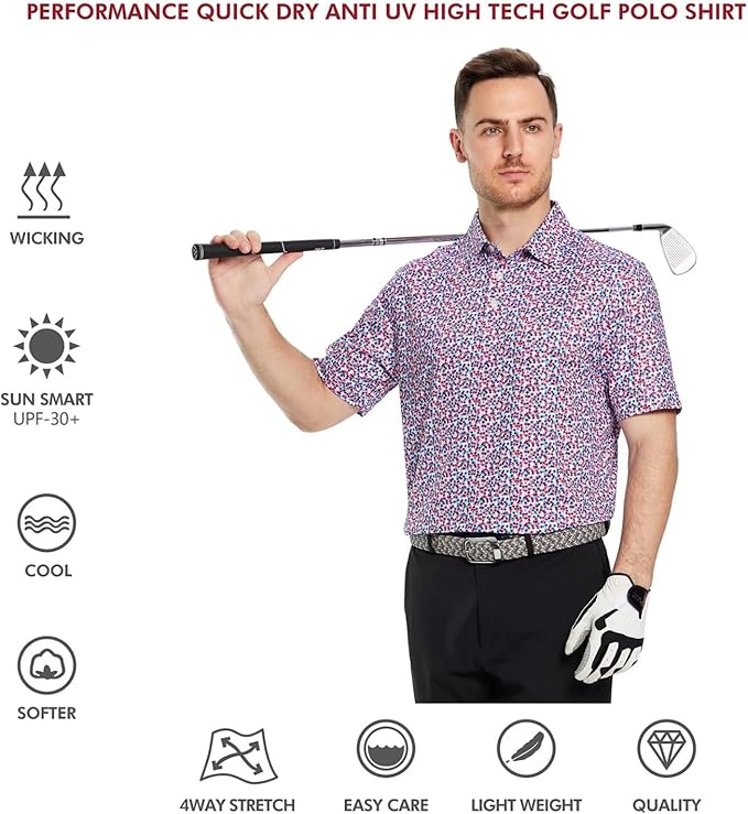 Golf Shirts for Men Dry Fit Short Sleeve Print Performance Moisture Wicking Polo Shirt