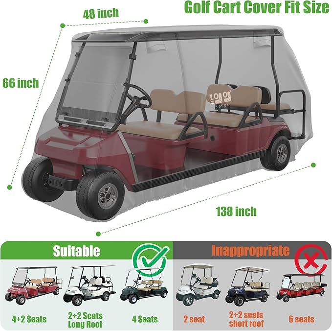 10L0L 4/4+2 Passenger Golf Cart Cover Fits for Yamaha EZGO Club Car,Waterproof 420D Oxford Fabric,Windproof Golf Cart Covers with 3 Zippers
