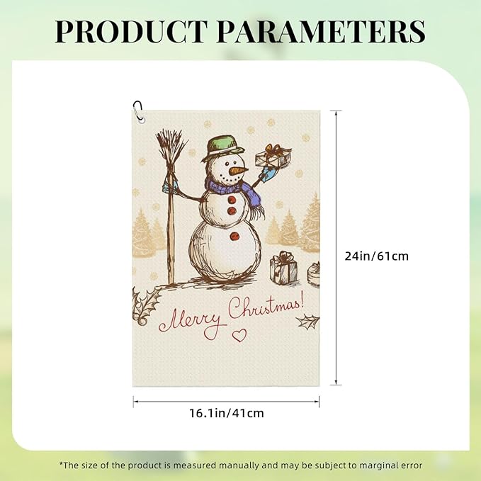 Christmas Snowman and Gift Golf Towel Waffle Microfiber with Hook Detachable Clip 24x16in