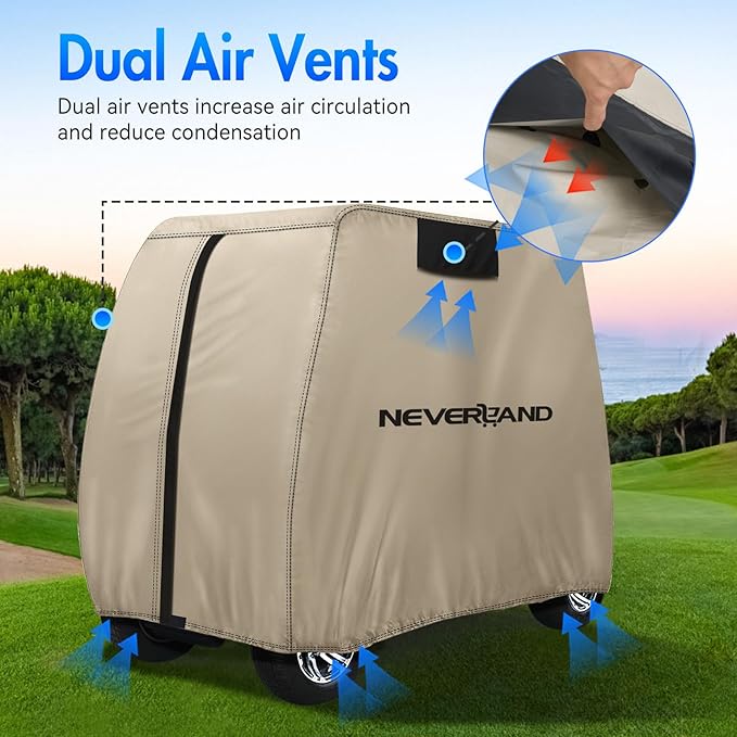 NEVERLAND Golf Cart Cover 4 Passenger - Waterproof Golf Cart Covers - Fits for Yamaha Golf Carts EZ GO Club Car - Outdoor Windproof Sunproof (Light Tan, Fit for 2+2/4 Passenger Cart)