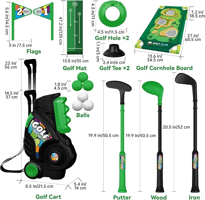 Liberry Toddler Golf Set for Ages 2 3 4 Boys Girls, Kids Golf Cart with Putting Mat & Cornhole Board, Outdoor Indoor Sports Toys Birthday Gifts, Black