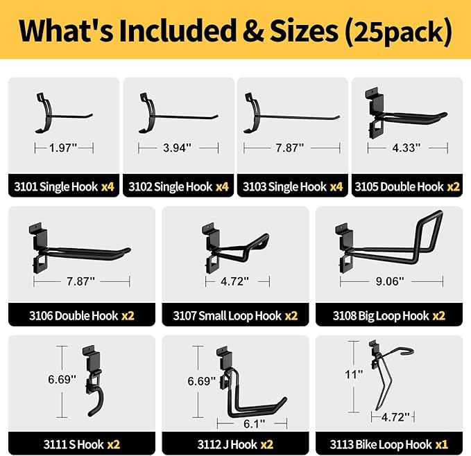 Slatwall Hooks 25 Pack, Heavy-Duty Metal Garage Slat Wall Hook Kit (10 Types), Rust-Resistant Storage Hooks for Tools, Ladders, Bikes & Garden Equipment, Fits Standard Slatwall Panels