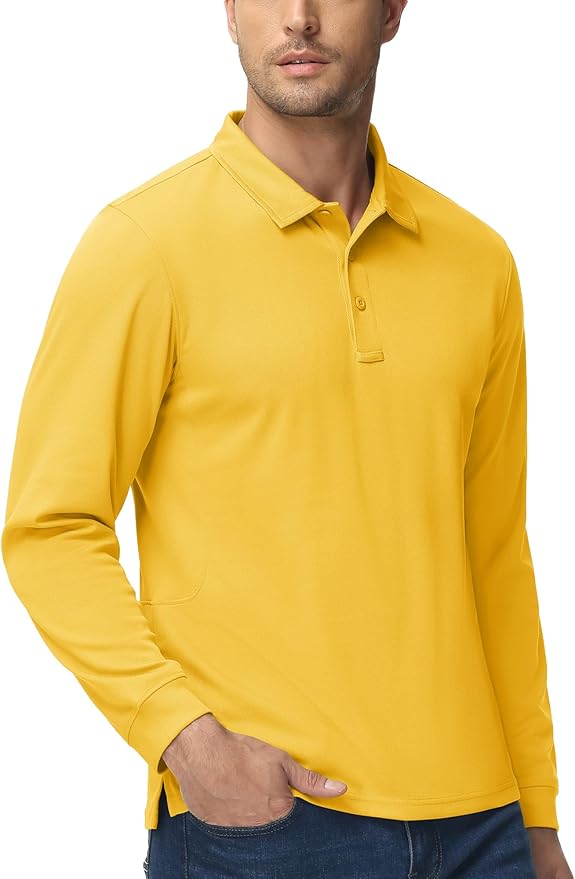 MAGCOMSEN Men's Polo Shirts 3 Button Quick Dry Performance Long Sleeve Tactical Shirts Pique Jersey Golf Shirt