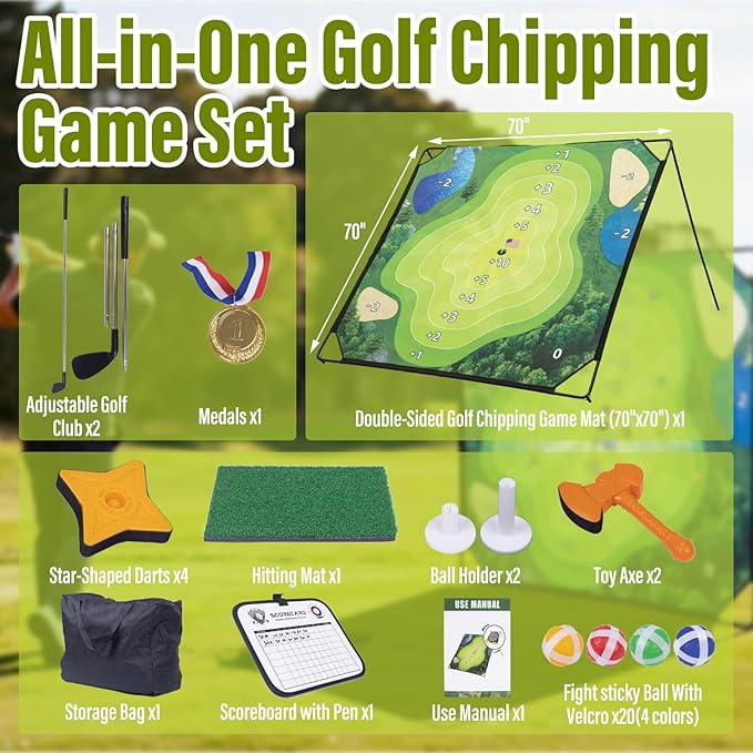 Golf Chipping Game with Hitting Mat, 70"x70" Double-Sided Mat with Classic Darts Game, Portable Outdoor/Indoor Practice Set for Adults, Comprehensive Accessories for Junior Golfer