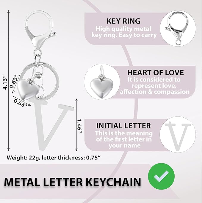 Metal Heart Alphabet Keychain for Women, Girls - Cute Initial Letter Accessories for Purse, Bag Charms and Backpack
