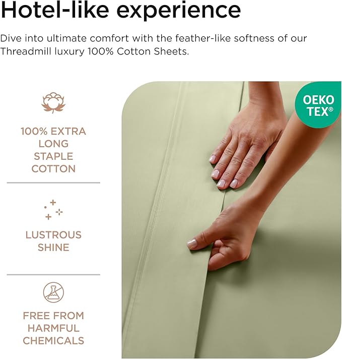 Threadmill Luxury 800 Thread Count California King 100% Cotton Sheets - Sage Green Sateen Weave Bed-Sheets, Better Than Egyptian Cotton, 4 Pc Solid Bed Set, Fits 16" Deep Pocket