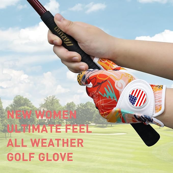 Golf Gloves Women with Ball Marker 2 Pack, Right Handed Golfer Left Hand, Ladies Breathable Soft All Weather Grip Glove Fit Size Small Medium Large XL